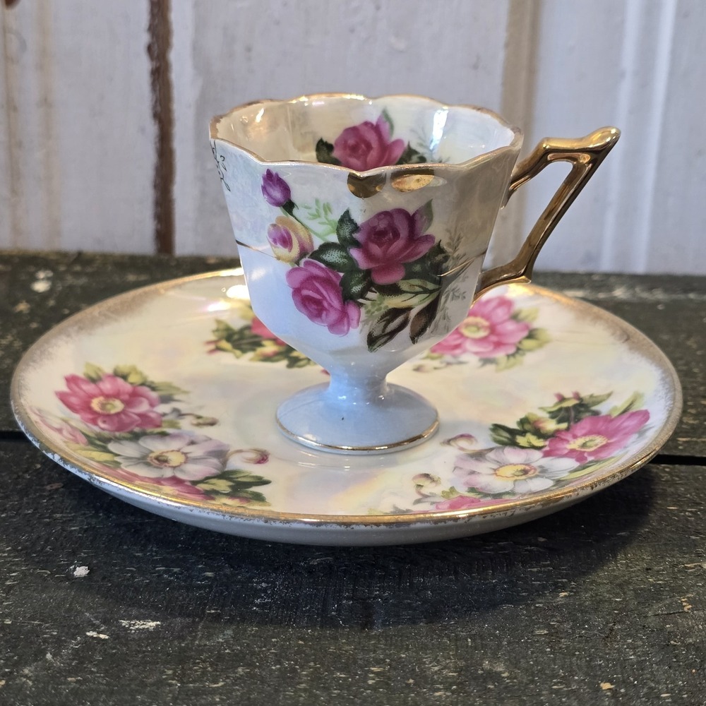 Vintage 1950s Japan Lusterware Demitasse‎ Teacup Saucer Set Pink Roses Gold Trim